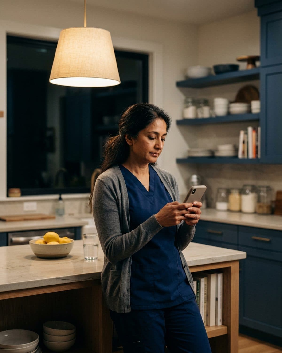 A physician reads her phone at the kitchen island in the evening