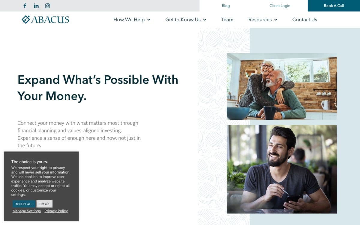 The Abacus Wealth Partners homepage, first screen