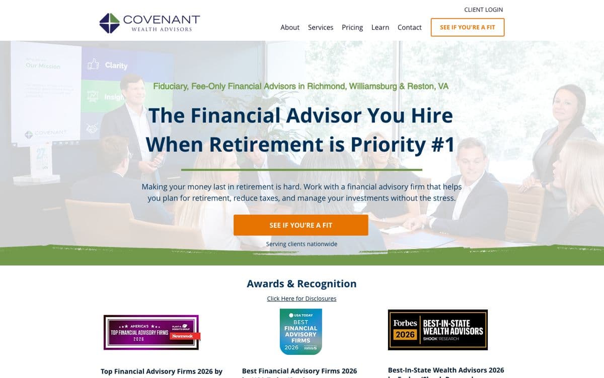 The Covenant Wealth Advisors homepage, first screen